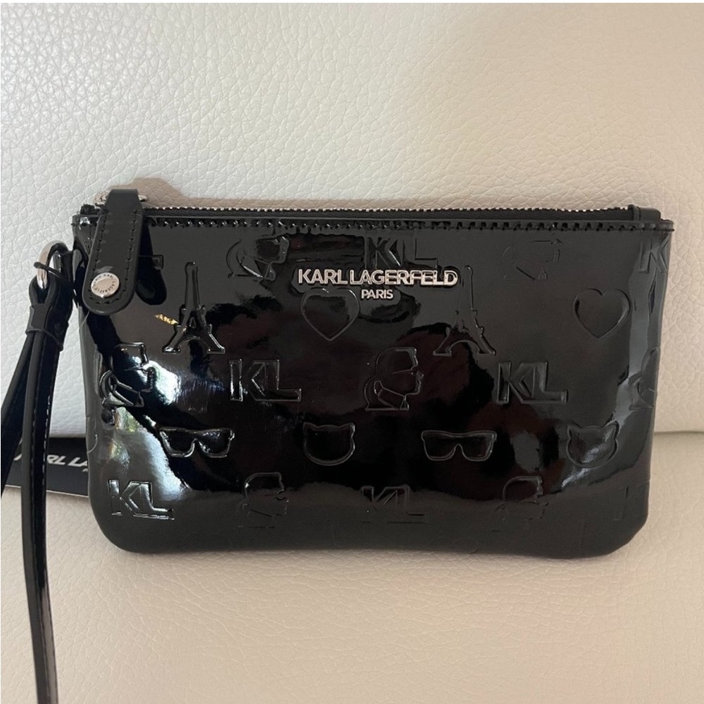 KARL LAGERFELD BLACK FAUX PATENT LEATHER WRISTLET BAG EIFFEL TOWER KARL HEART